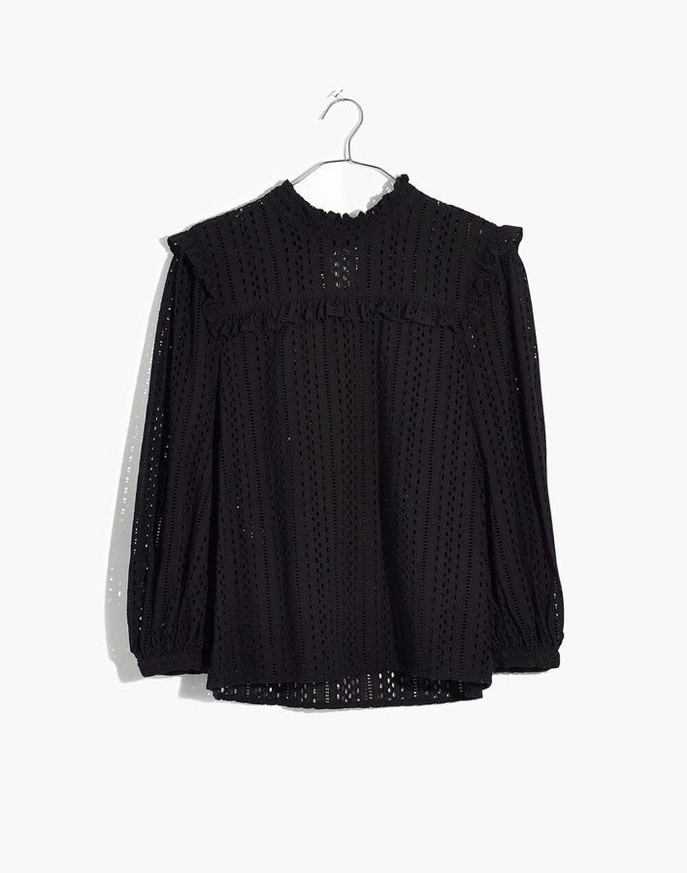 Madewell Eyelet Mockneck Ruffle Top True Black - S